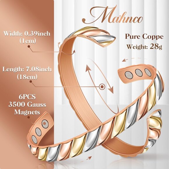Stylish Tricolor Adjustable Copper Bracelet with Magnetic Benefits - Gift Ready - Picture 3 of 7